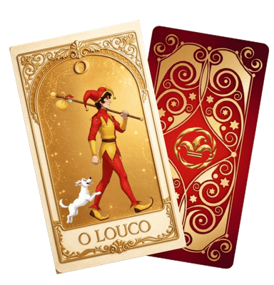 Carta de tarô O Louco (frente e verso)